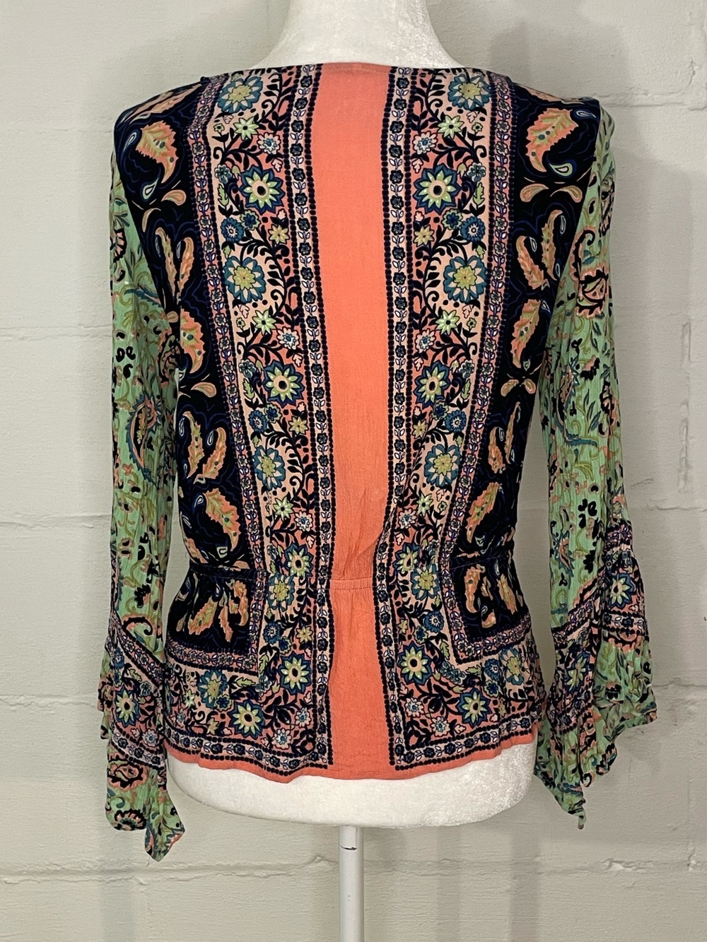 Free People Mixed Floral Wrap Top - Navy, Green & Coral Accents - Picture 2 of 4